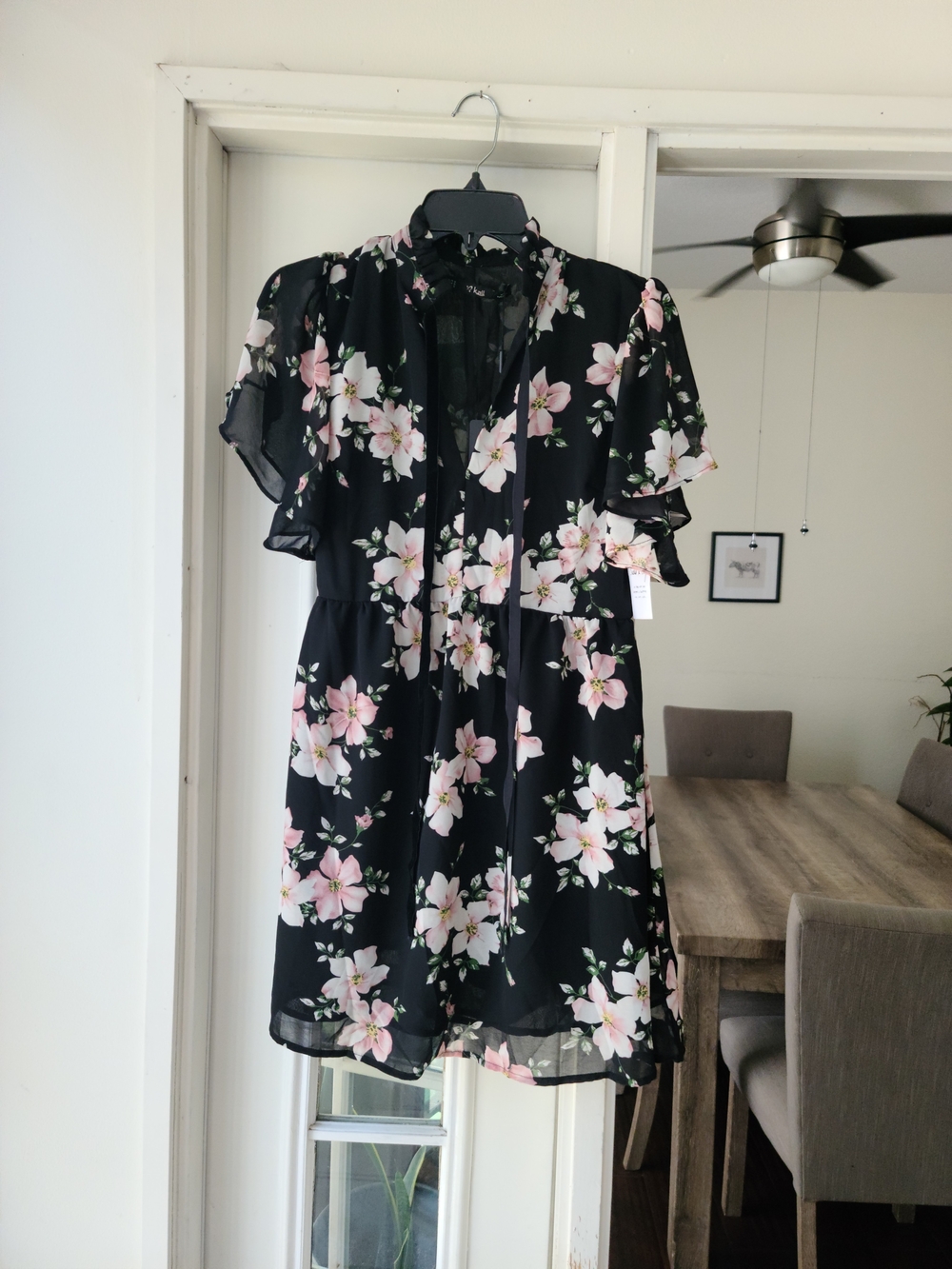 Women’s Black Floral Ruffle Short Dress - Pink Blossom